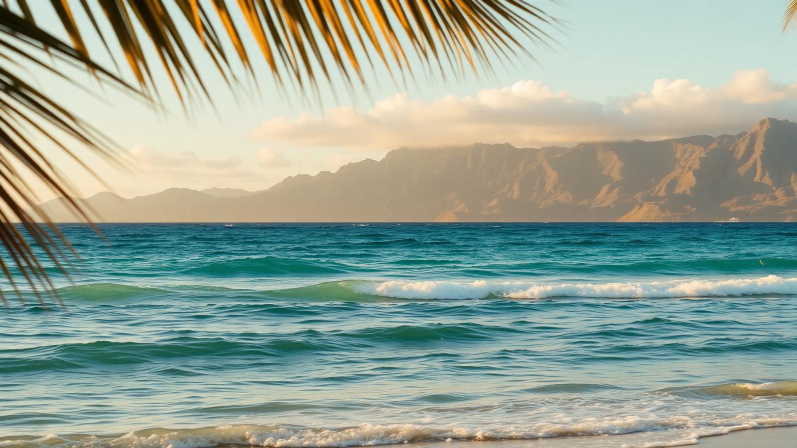 Turquoise Oahu shoreline framed by palm fronds with distant Ko'olau mountains